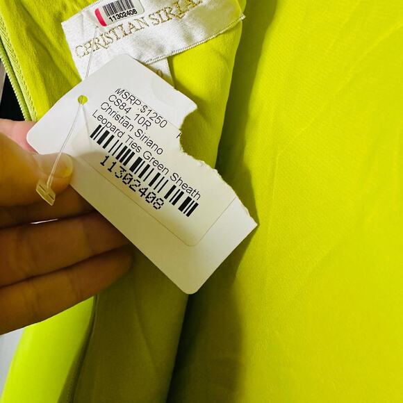 NWT CHRISTIAN SIRIANO Leopard Ties Neon Green Hi-Low Hemline Dress Size 10 - Picture 11 of 16